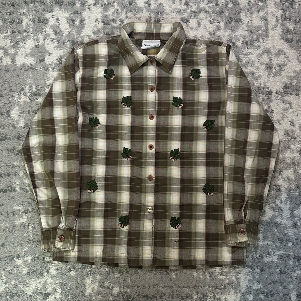 Women’s Vintage Westbound Embroidered Leaves Plaid Fall Button Up Shirt